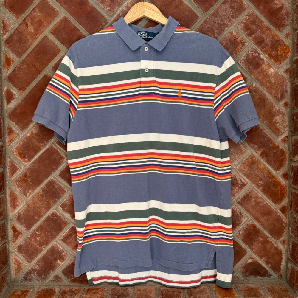 Vtg Polo Ralph Lauren Polo Shirt 90s Men's XL Blue Multi Stripe Short Sleeve